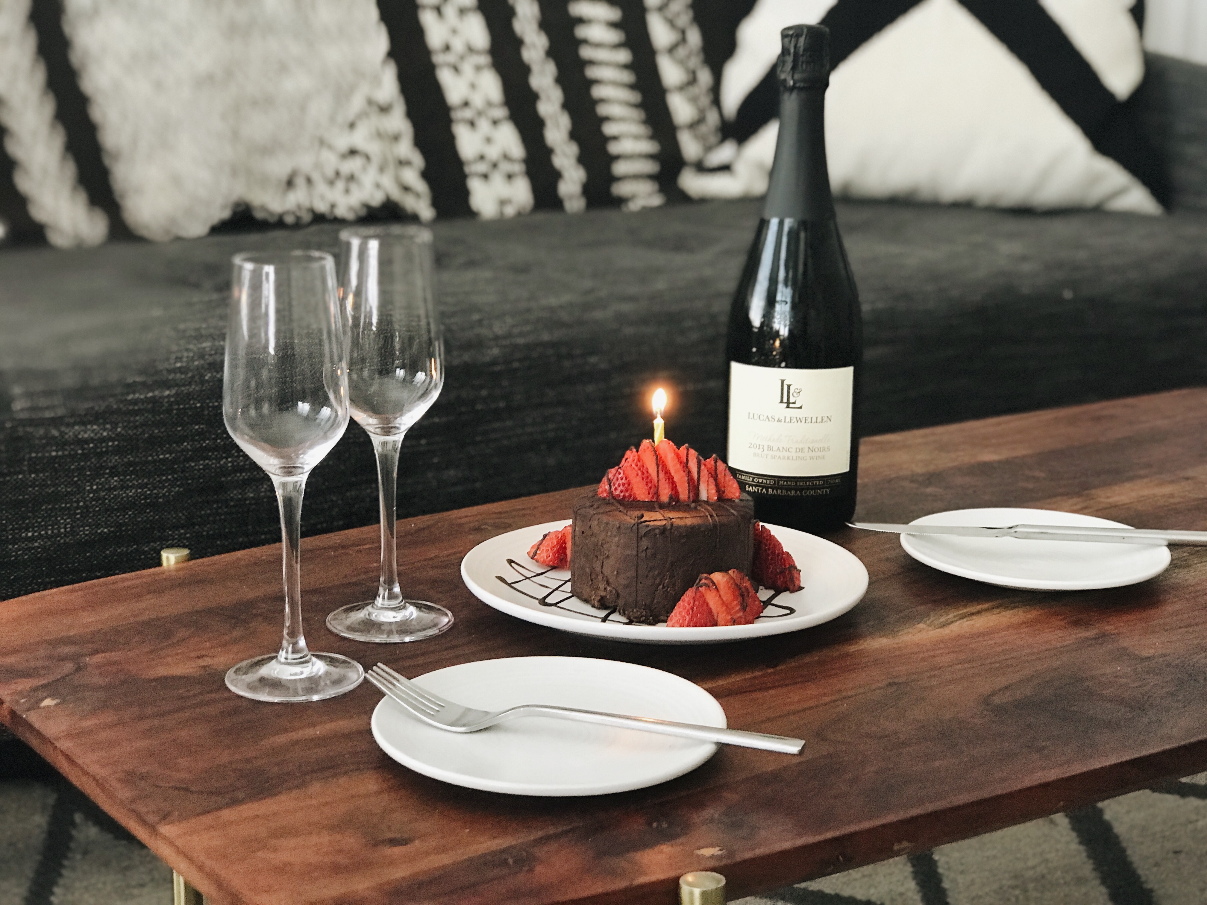 Celebration Package with chocolate cake and wine