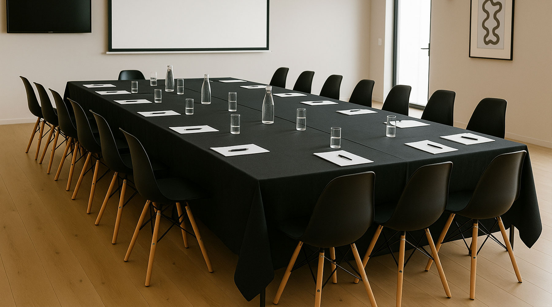 A modern conference room with a large rectangular table set for a meeting. Black chairs surround the table, which is covered with black cloth and arranged with notepads, pens, glasses, and water bottles. A projector screen is visible.