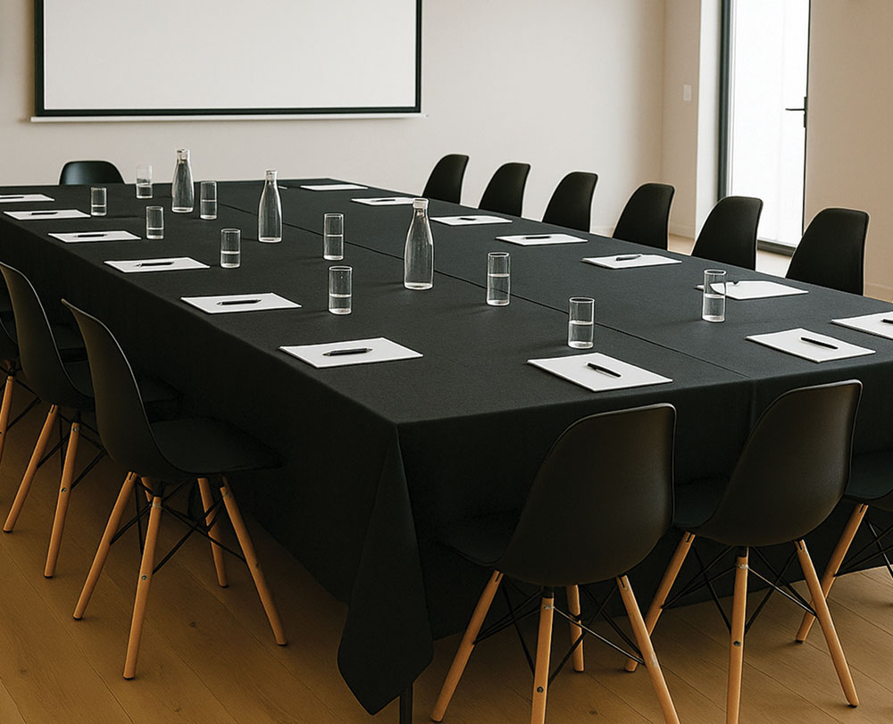 A modern conference room, ideal among event spaces in Solvang, features a large black-clothed table surrounded by black chairs. Each place has a notepad, pen, and water. A projection screen stands ready at one end.