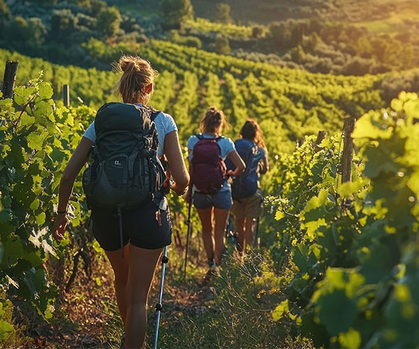 Three people with backpacks hike through a lush, green vineyard at sunset—one of the memorable things to do in Solvang—surrounded by rows of grapevines and rolling hills in the background.