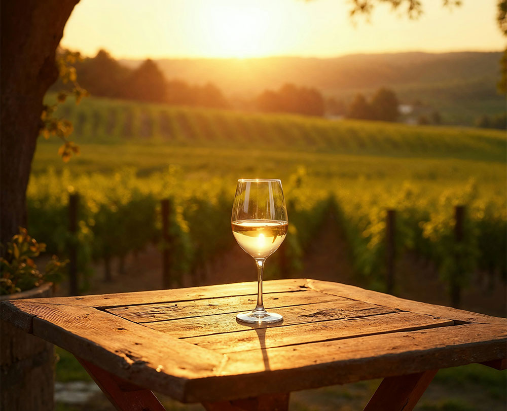 A glass of white wine sits on a wooden table outdoors at a boutique hotel in Solvang, with a sunlit vineyard and rolling hills glowing in the background at sunset.