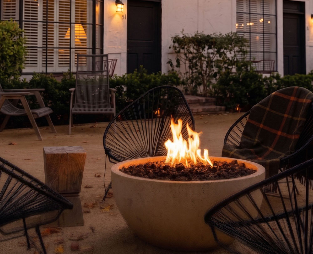 Modern outdoor patio with a circular fire pit surrounded by black chairs, one draped with a plaid blanket, and a wooden stool. Warm light glows from wall lanterns, with plants and windows in the background—an inviting space to relax and unwind while enjoying the Special Offers at The Landsby.