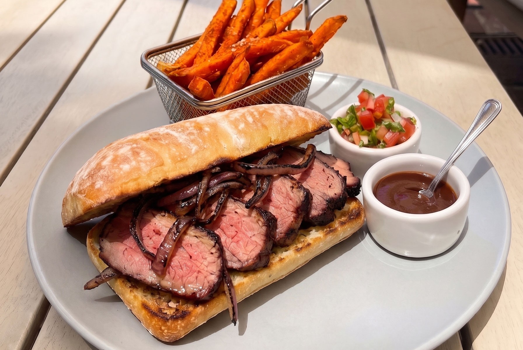 A plate with a steak sandwich on ciabatta bread topped with grilled onions, sweet potato fries in a small basket, a cup of barbecue sauce, and a side of diced tomato salad on a white table—perfect for enjoying during Hotel Happenings at The Landsby.