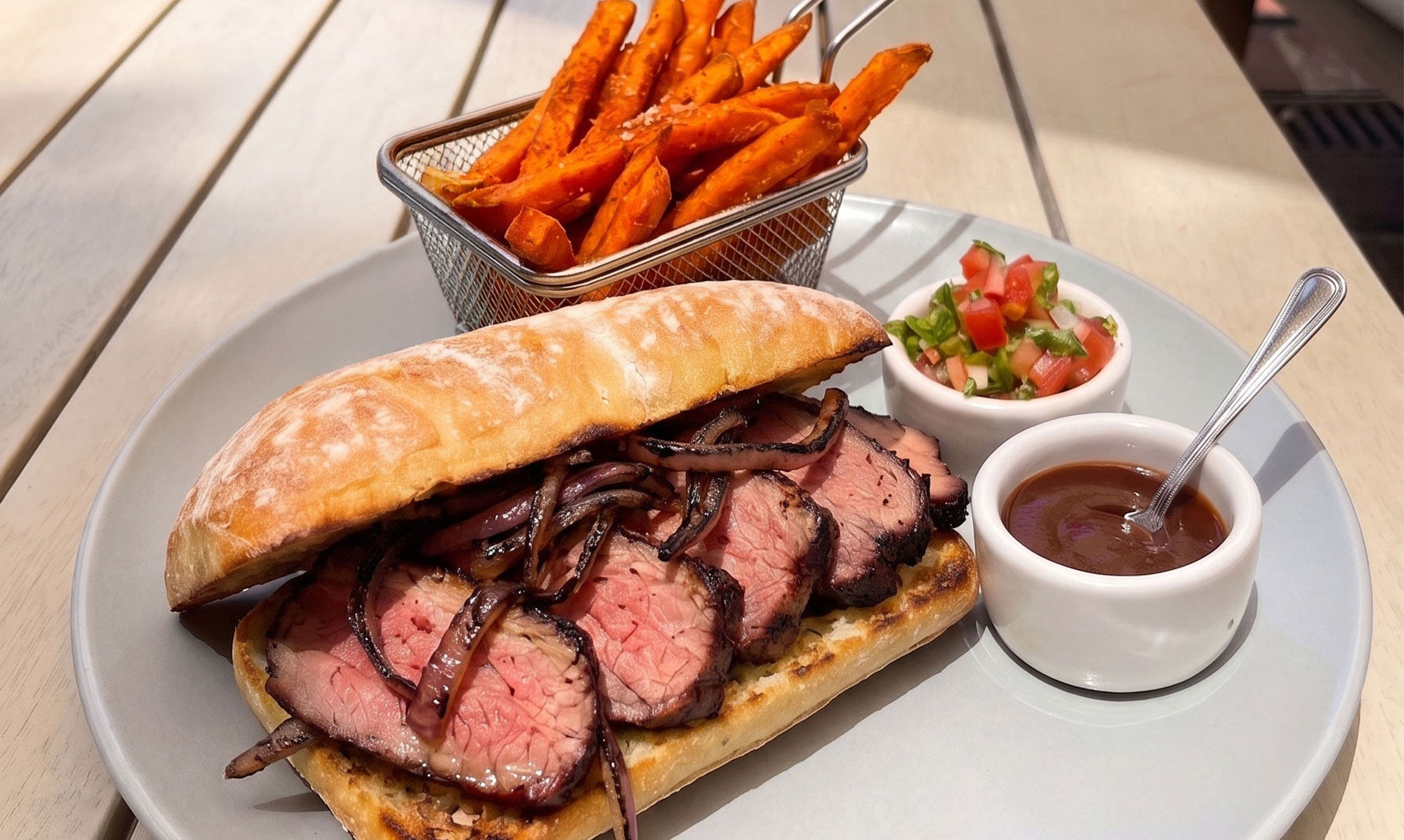 Experience Top Solvang Dining with a mouthwatering sandwich featuring sliced beef and grilled onions on ciabatta bread, served alongside a metal basket of sweet potato fries, a cup of barbecue sauce, and a small bowl of pico de gallo.